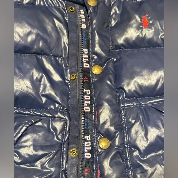 Ralph Lauren Navy Puffer Jacket 24 months Shiny Removable hood - Picture 5 of 7